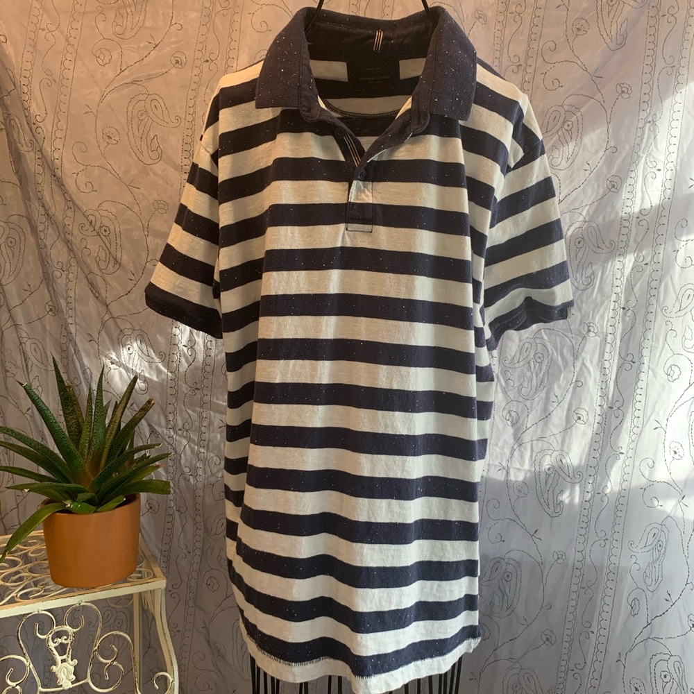 Denim & Flower Polo Shirt Wide Flecked Nautical Striped 2-Button Short Sleeve